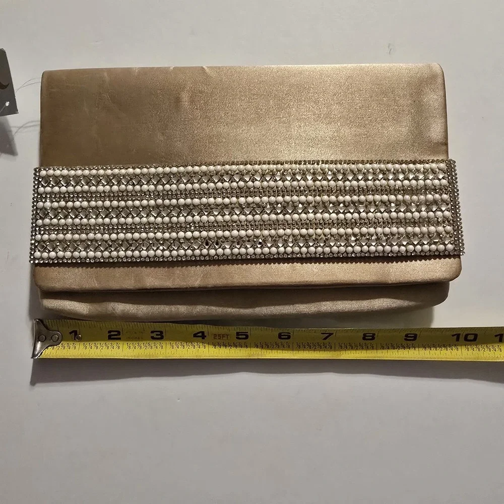 Nina Champagne Satin Clutch Pearl Rhinestone Embellished Evening Bag NWT‎